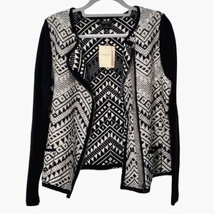 NEW Lucky Brand Geometric Zip‎ Front Cardigan Knit Sweater Womens XL Black White